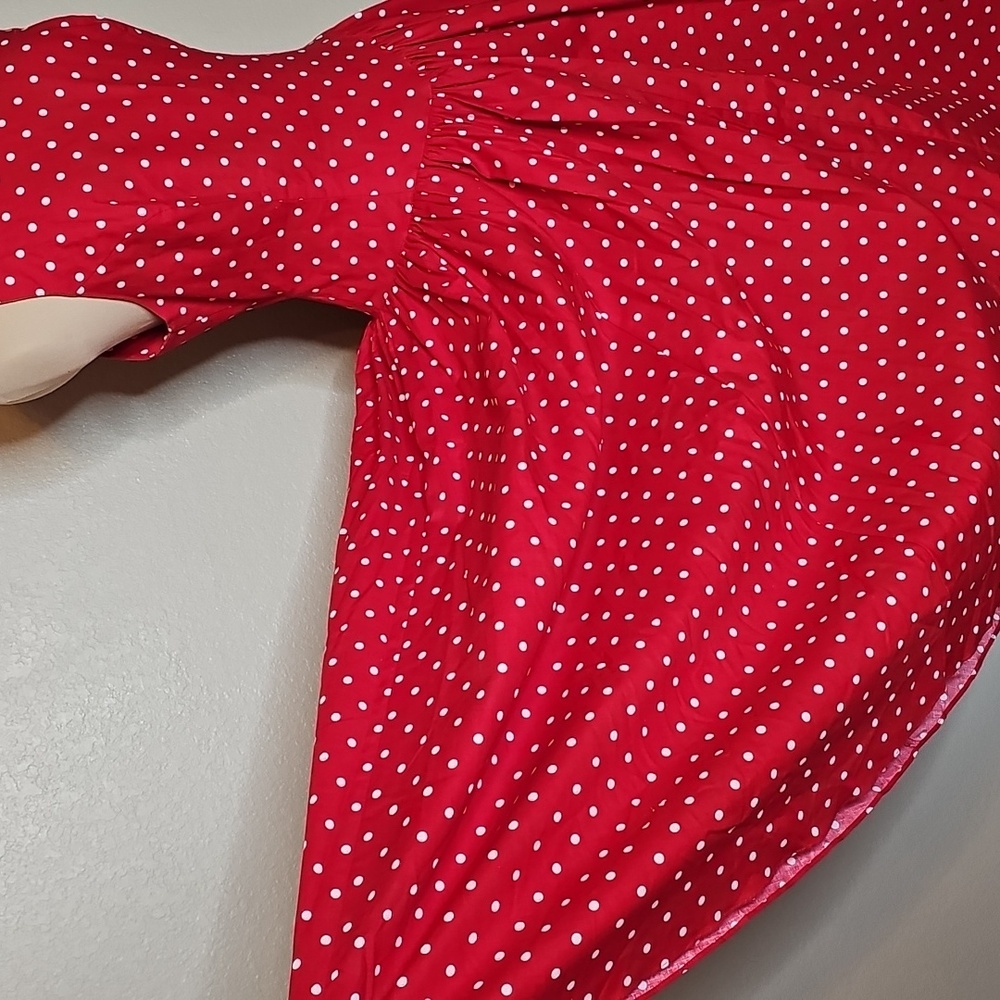 True Vintage 1980s Kamisato By Geary Roark Red Polka Dot Midi Dress Drop Waist M - Picture 9 of 15